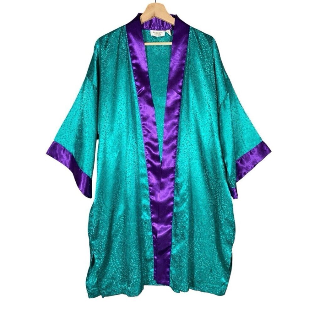 Victoria's Secret Vintage Gold Label Teal Green Paisley Kimono Robe Purple Trim